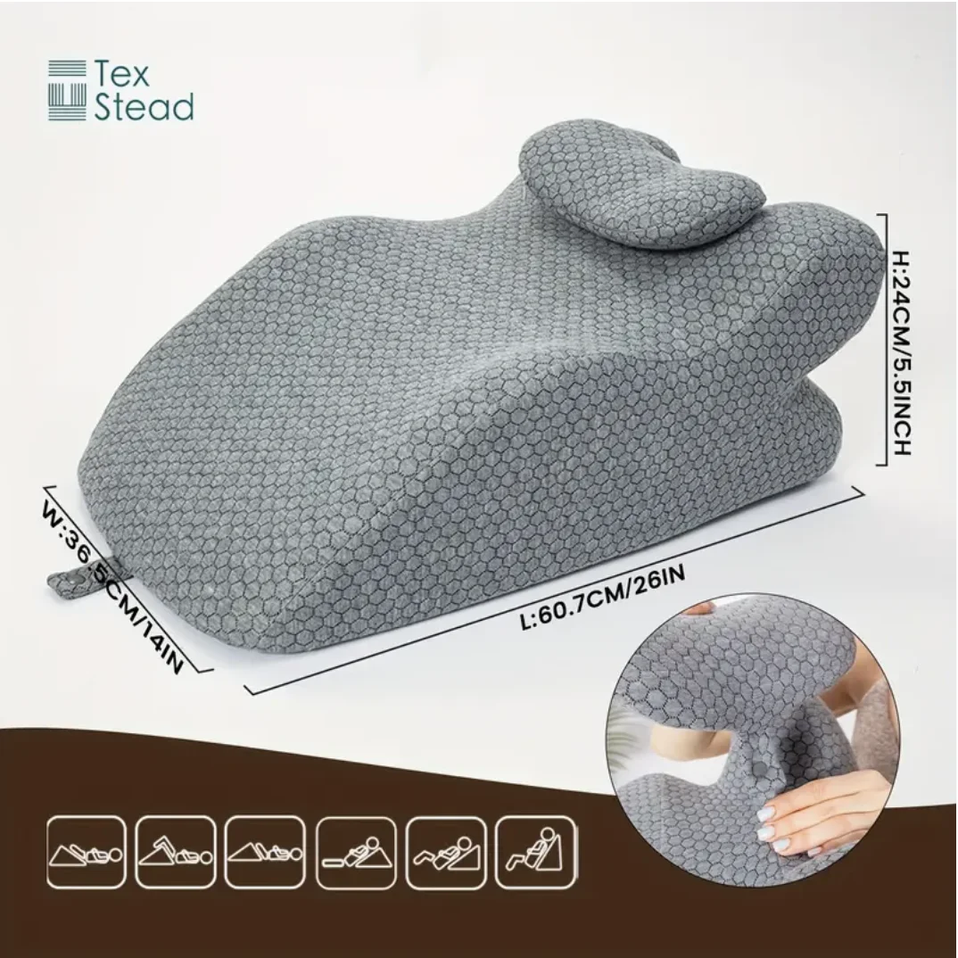 Ergonomic Memory Foam Pillow - Versatile for Neck & Waist Support, Ideal for Reading, Machine Washable, Gray with Zipper Closure