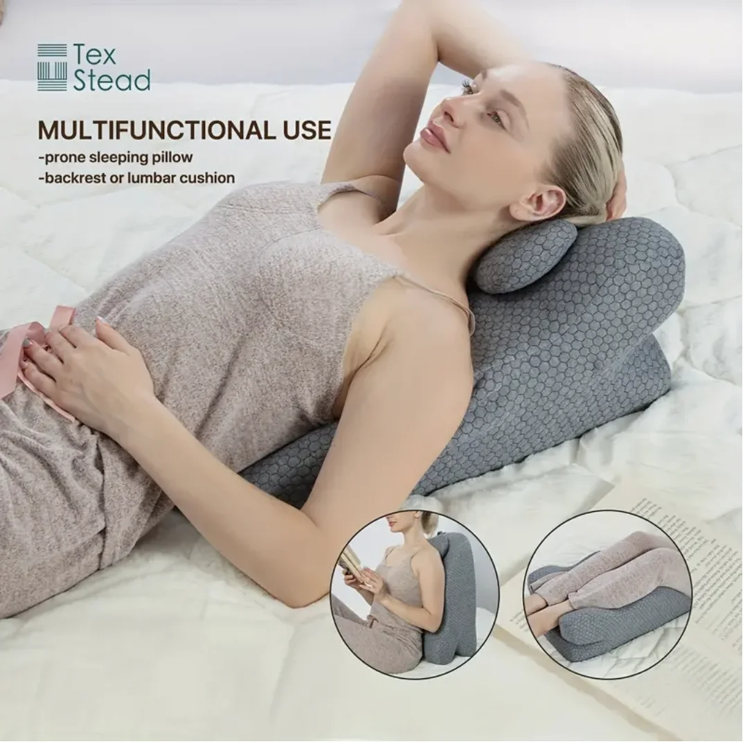 Ergonomic Memory Foam Pillow - Versatile for Neck & Waist Support, Ideal for Reading, Machine Washable, Gray with Zipper Closure