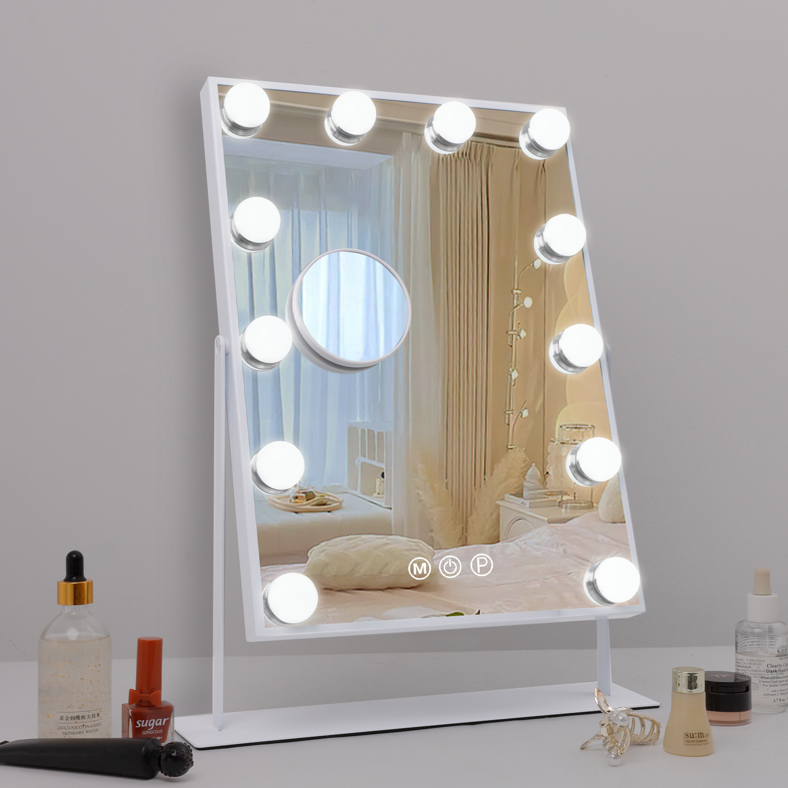 VANITII Hollywood Vanity Makeup Mirror With 12 LED Bulbs Perfect Size 11.81''×16.14'' White 360 Degree Rotation Smart Control 3 Color Adjustable