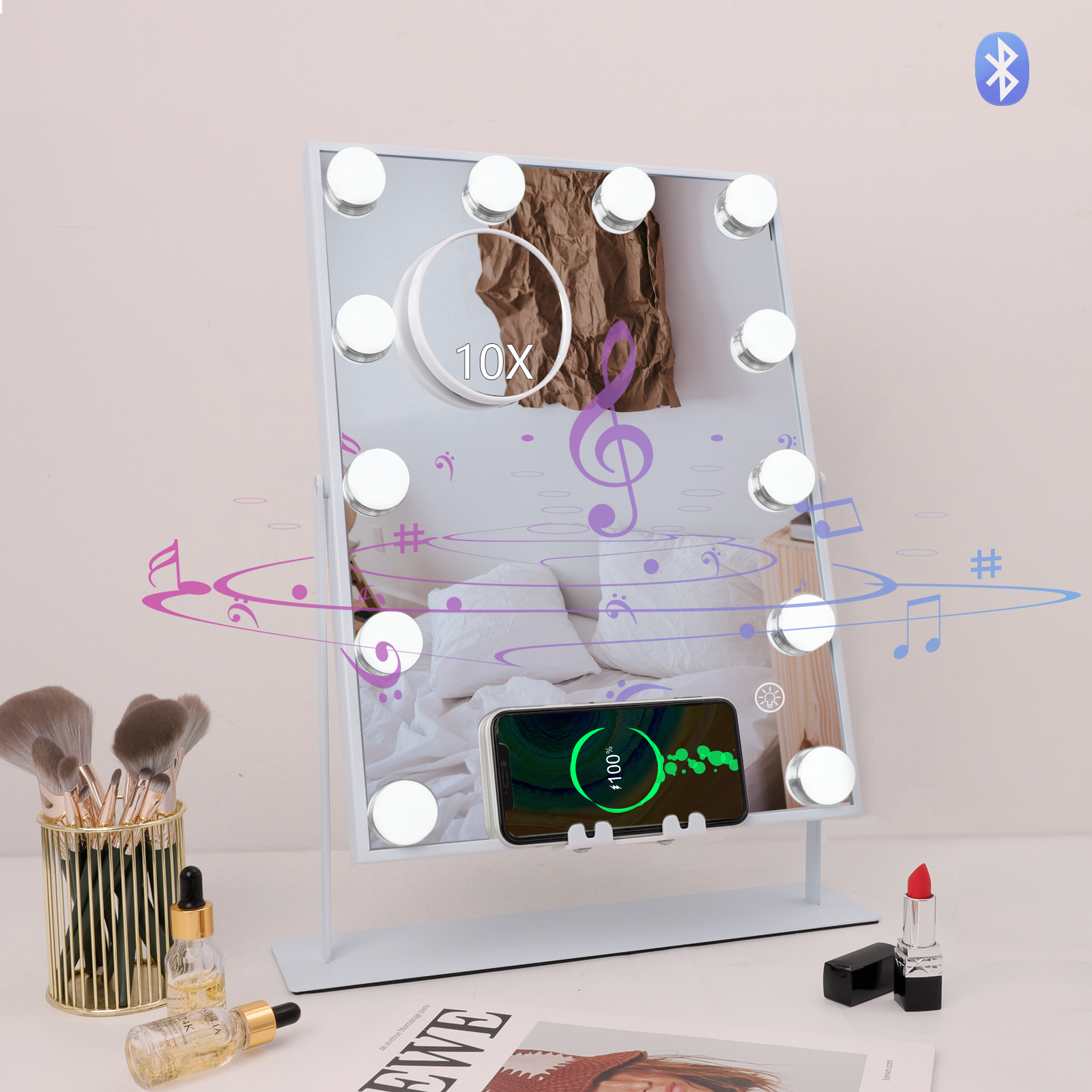 VANITII Hollywood Vanity Makeup Mirror With Lights 12 LED Bulbs  Bluetooth Wireless Charge 11.81''×16.14'' 10XMagnifying Smart Control makeup Cosmetic