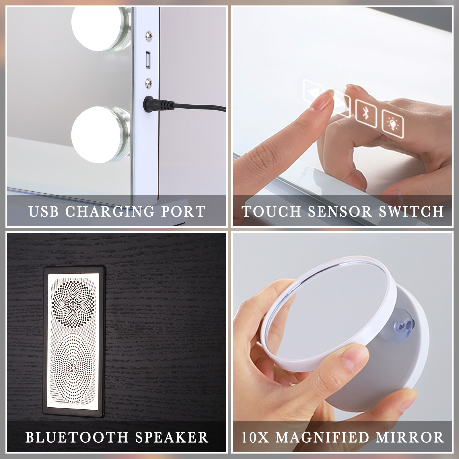 VANITII Hollywood Large Vanity Mirror: 80cm, 18 LEDs, 3 Color Temps, 10X Magnification, USB Charging, Wall Mount, Smart Touch Control