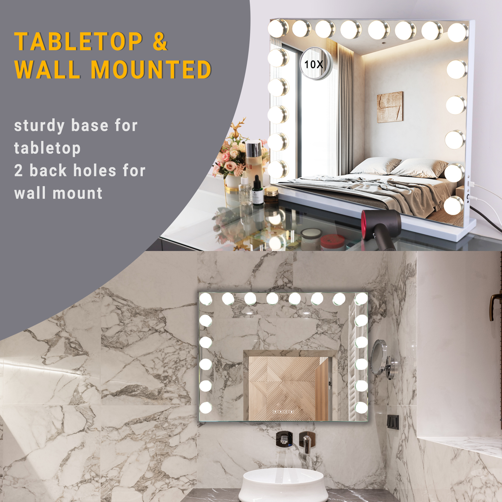 VANITII Hollywood Large Vanity Mirror: 80cm, 18 LEDs, 3 Color Temps, 10X Magnification, USB Charging, Wall Mount, Smart Touch Control
