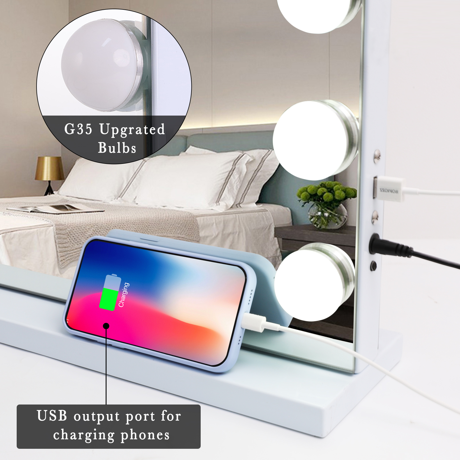 VANITII Hollywood Large Vanity Mirror: 80cm, 18 LEDs, 3 Color Temps, 10X Magnification, USB Charging, Wall Mount, Smart Touch Control