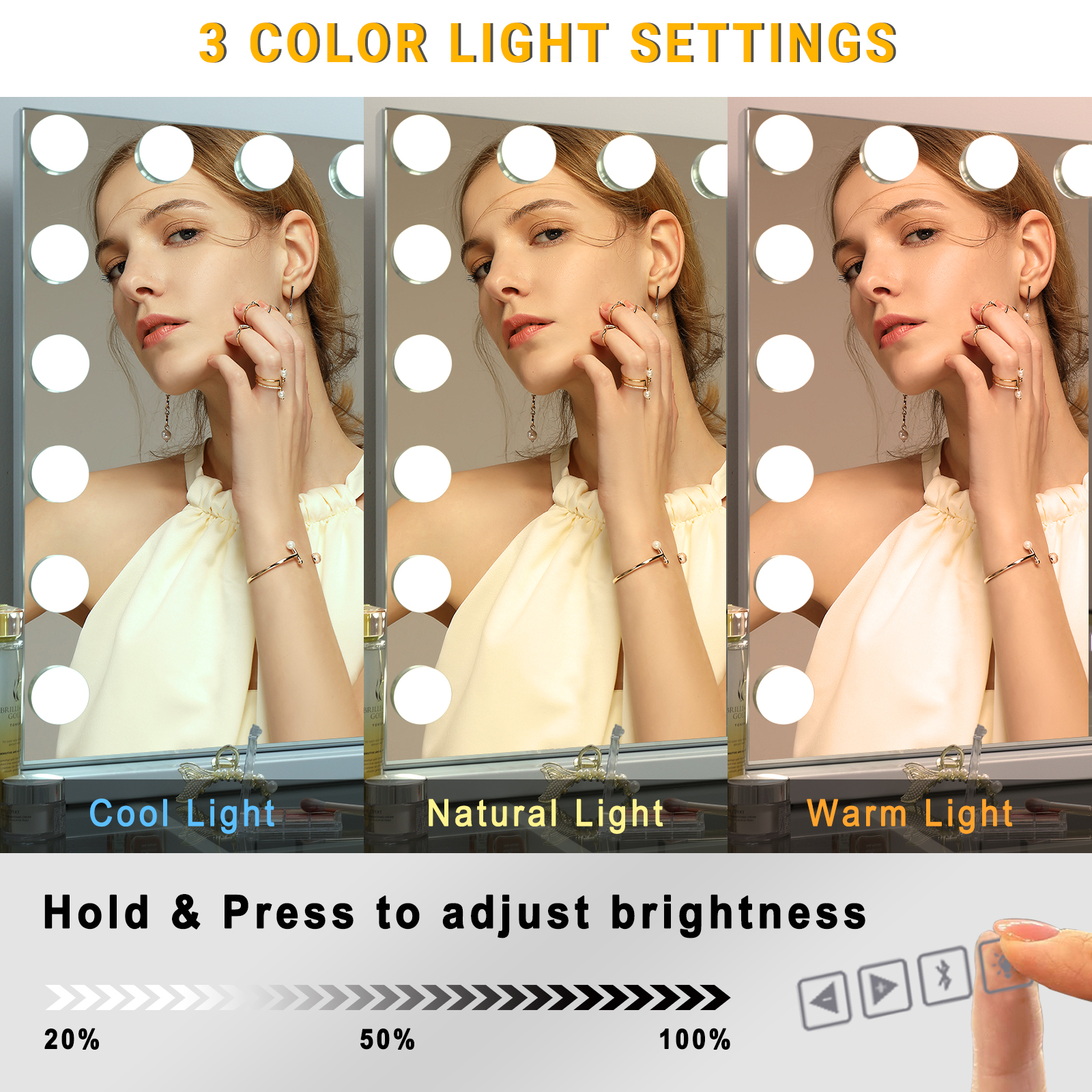 VANITII Hollywood Large Vanity Mirror: 80cm, 18 LEDs, 3 Color Temps, 10X Magnification, USB Charging, Wall Mount, Smart Touch Control