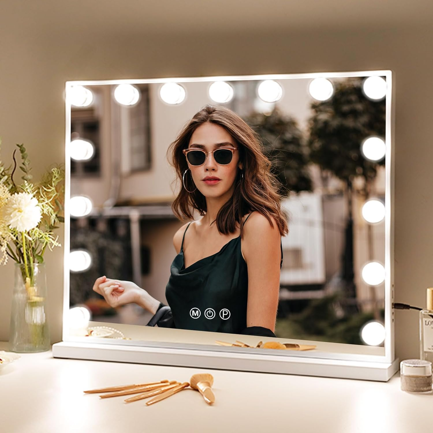 VANTII Hollywood Makeup Vanity Mirror 22.83''×18.11'' With 15 LED Bulbs 10X Magnifying USB Port Wall Mount Smart Control Ajustable Brightness Color