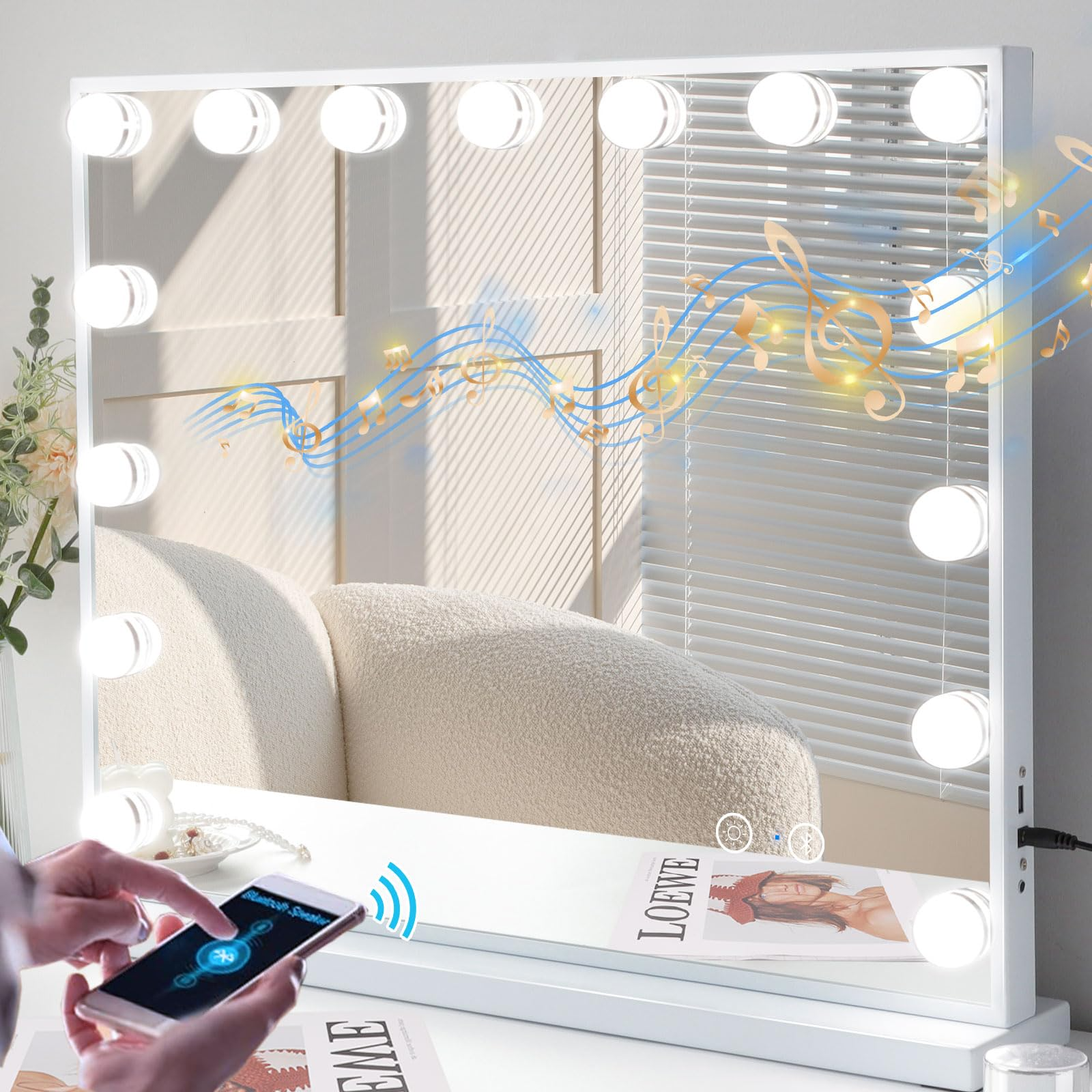 VANITII Hollywood Vanity Makeup Mirror 22.83''×18.11'' Suitable Size 10X Magnifying Glass USB Port Bluetooth 3 Light Color Adjustable 15 LED Bulbs