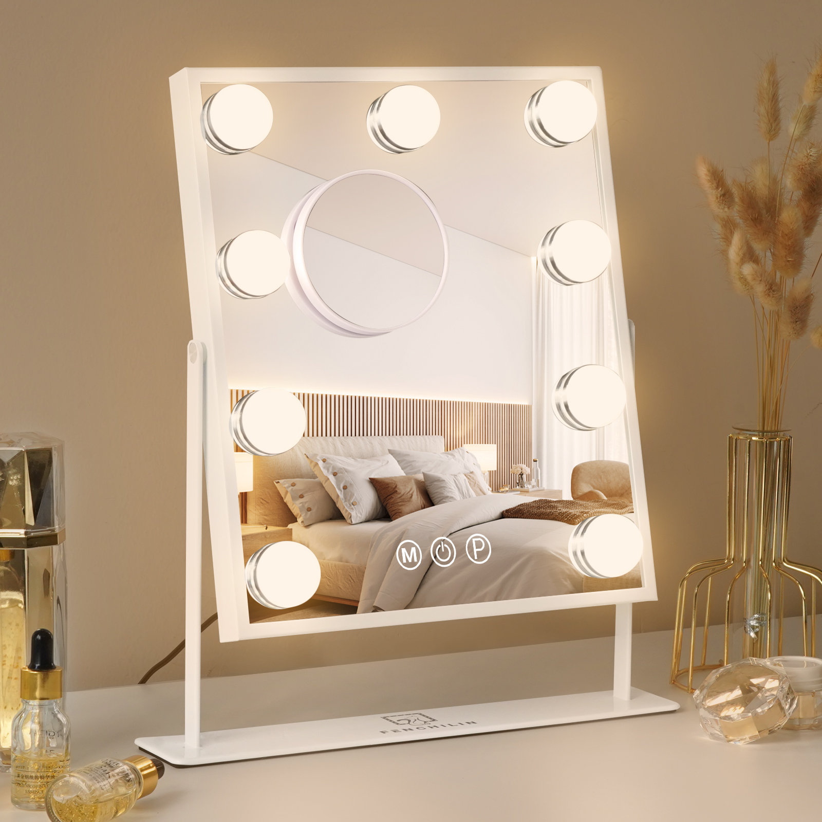 VANITII Hollywood Vanity Makeup Mirror With 9 LED Bulbs Perfect Size 9.84''×11.81'' 360 Degree Rotation 10X Magnifying Mirror White Color Handle Setting Cosmetic