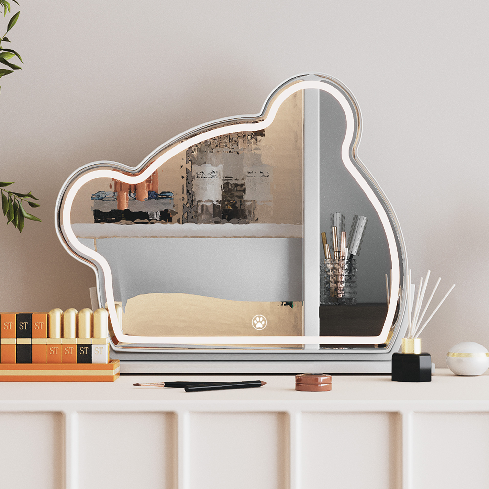 VANITII GLOBAL Bear LED Vanity Makeup Mirror Cute With Light Strip Touch Sensor  Color Adjustable White Metal Removable Cosmetic