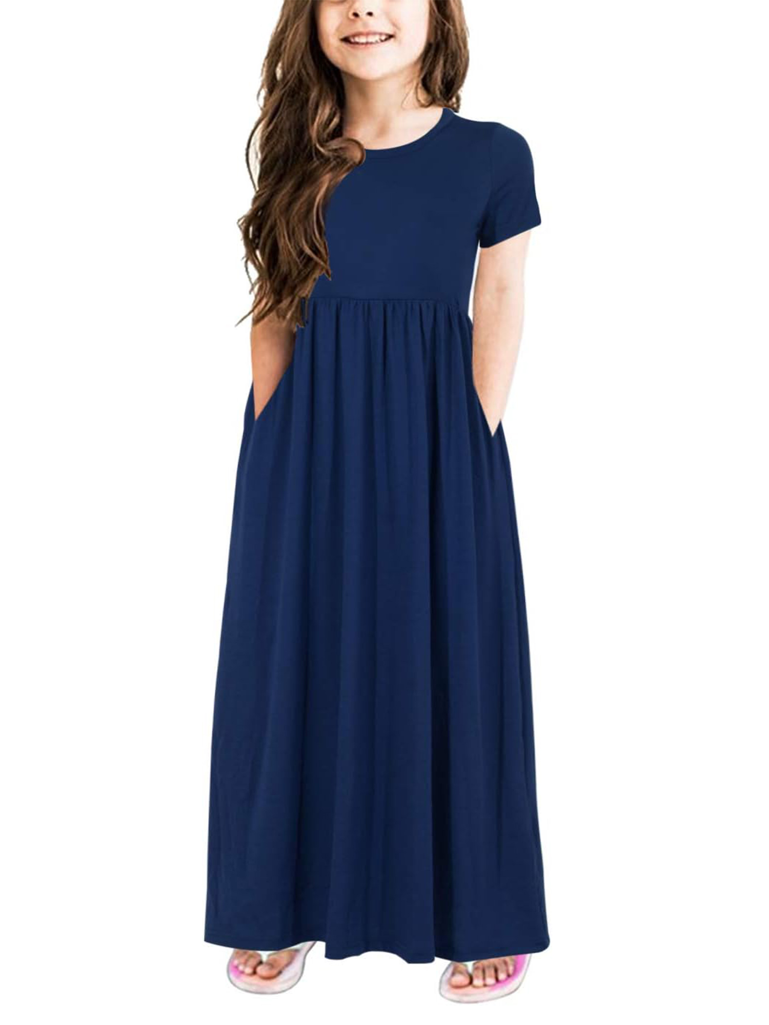 Girl's Short Sleeve Floral Print Loose Casual Long Maxi Dress with Pockets 6-14 Years