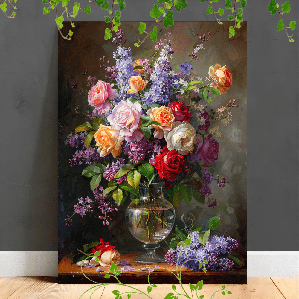 1pc Classic Style Wooden Framed Canvas Painting - Artistic Floral Print with Roses and Lilacs, Ideal for Living Room or Corridor Decoration, Perfect for Room Decor