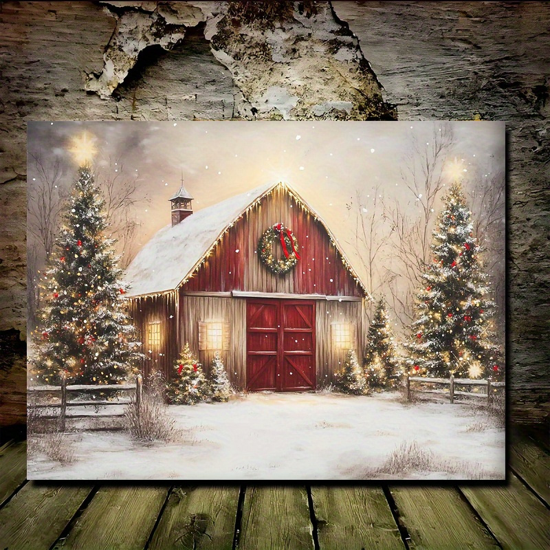 1pc Winter Wonderland Red Barn Scene Canvas Wall Art - Inches Wooden Framed Festive Decor for Christmas, Thanksgiving, New Year, Birthday, Wedding - Woven Holiday Wall Hanging