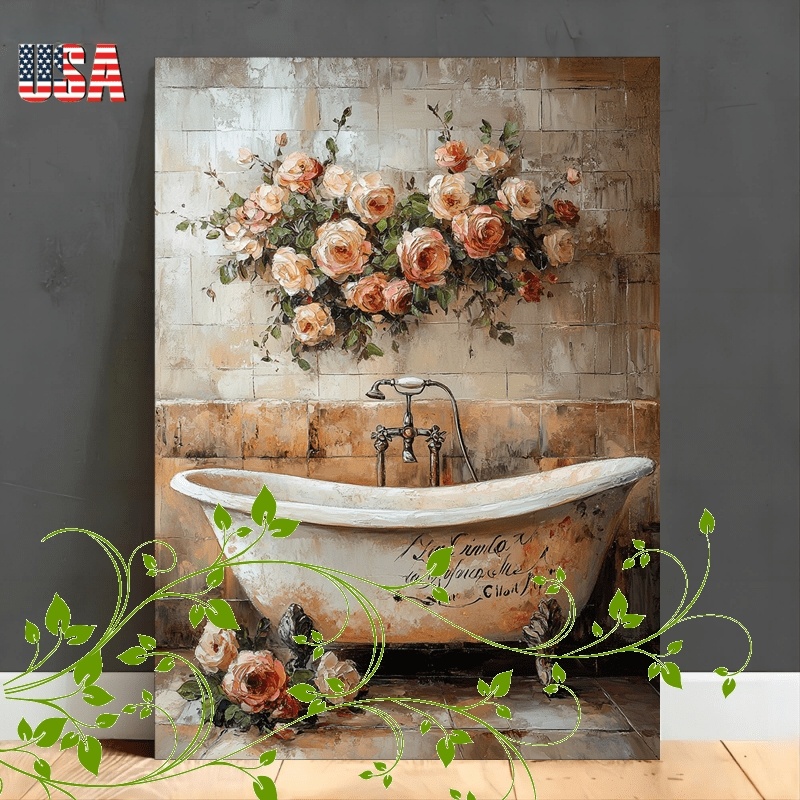 Vintage Bathtub & Floral Canvas Art - Rustic Wooden Framed Oil Painting, Perfect for Christmas Decor or Gifts, 2D, Perfect for Room Decor