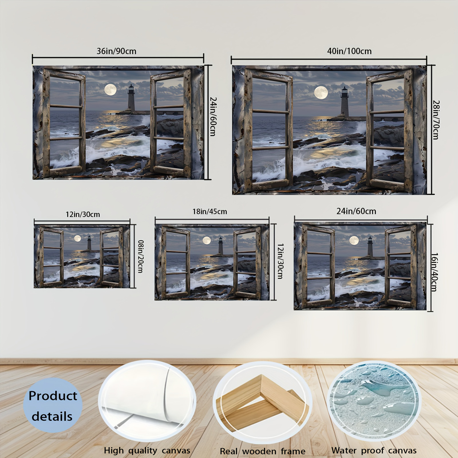 1pc Wooden Framed Canvas Painting Coastal Lighthouse& Beach Scene Modern Nautical Wall Art for Living Room Bedroom Bathroom Decor