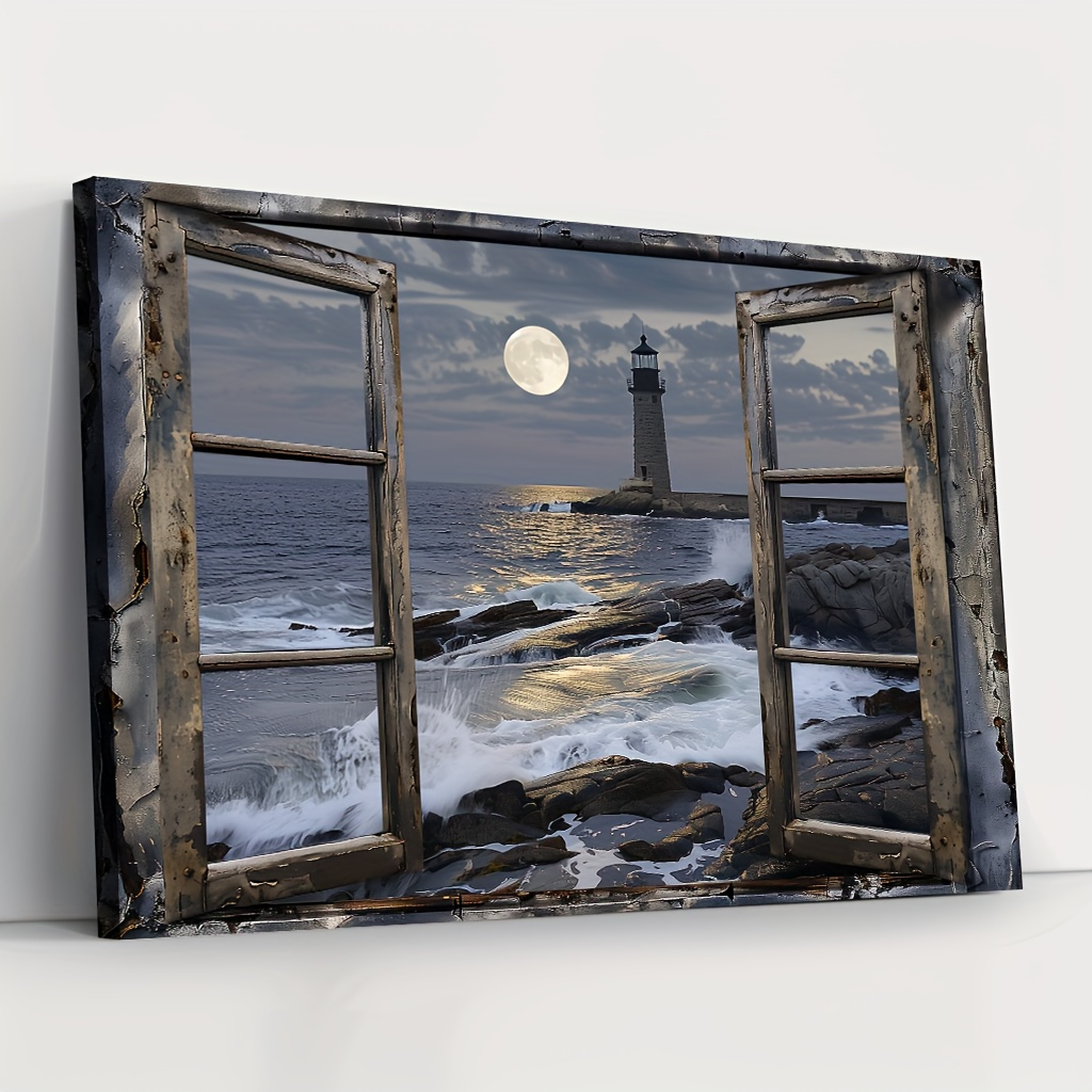 1pc Wooden Framed Canvas Painting Coastal Lighthouse& Beach Scene Modern Nautical Wall Art for Living Room Bedroom Bathroom Decor