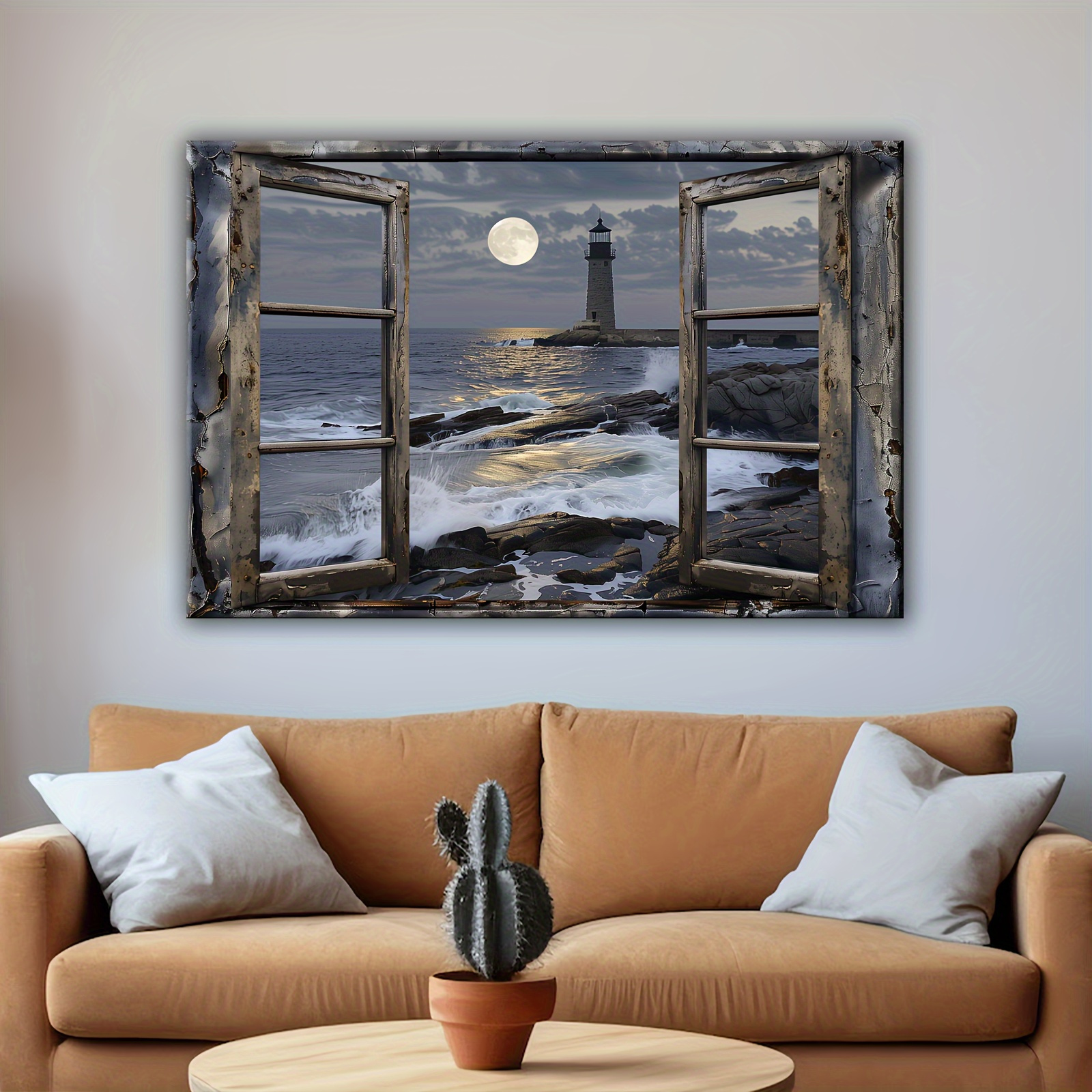 1pc Wooden Framed Canvas Painting Coastal Lighthouse& Beach Scene Modern Nautical Wall Art for Living Room Bedroom Bathroom Decor