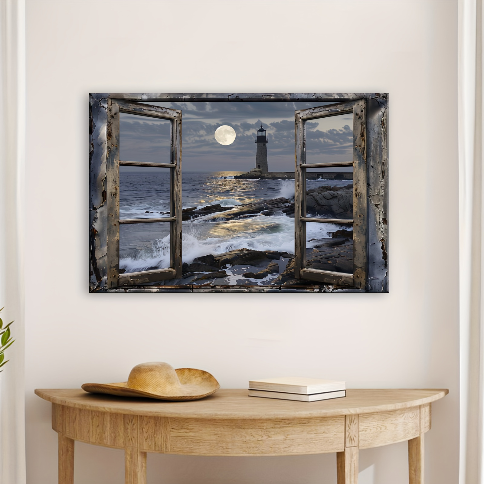 1pc Wooden Framed Canvas Painting Coastal Lighthouse& Beach Scene Modern Nautical Wall Art for Living Room Bedroom Bathroom Decor
