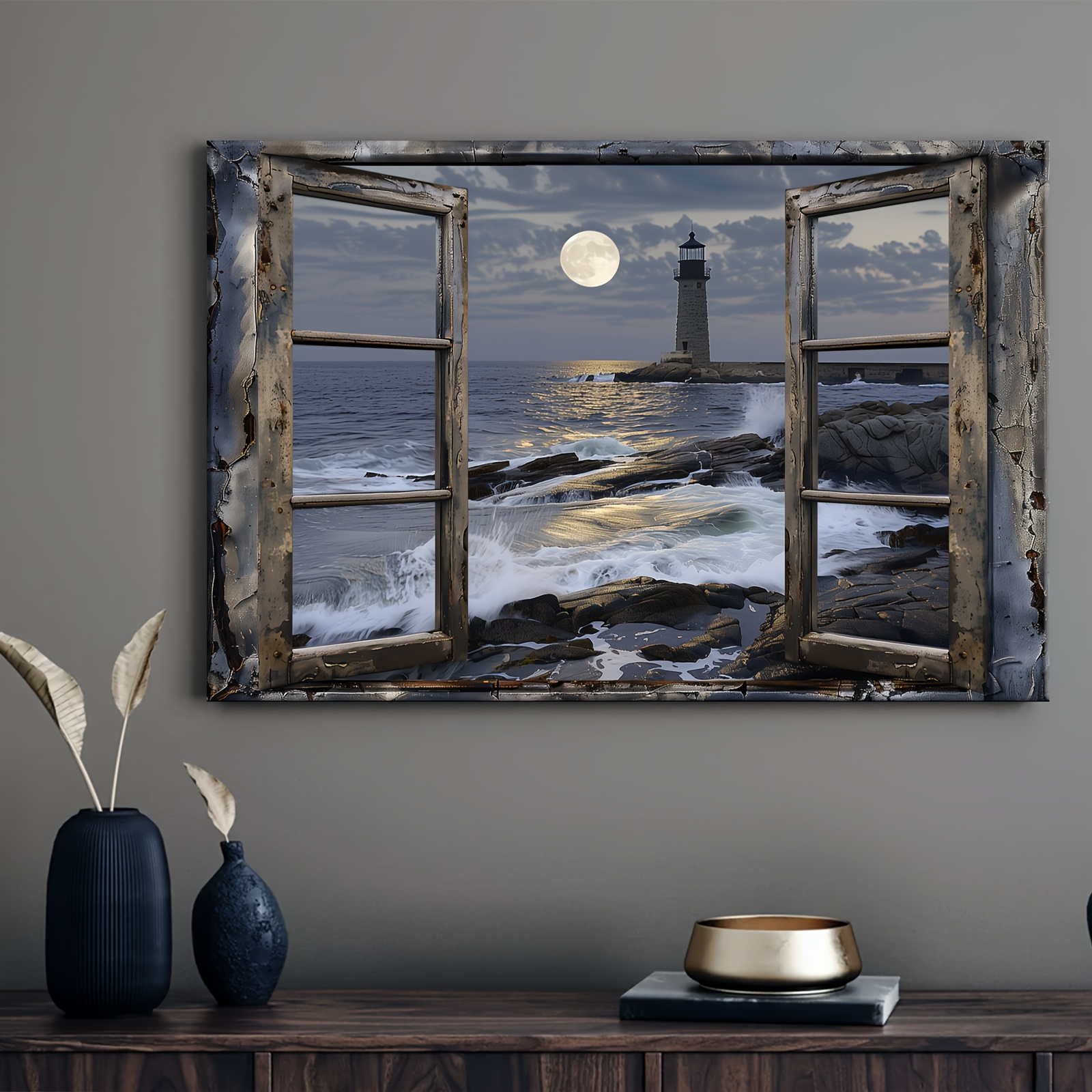 1pc Wooden Framed Canvas Painting Coastal Lighthouse& Beach Scene Modern Nautical Wall Art for Living Room Bedroom Bathroom Decor