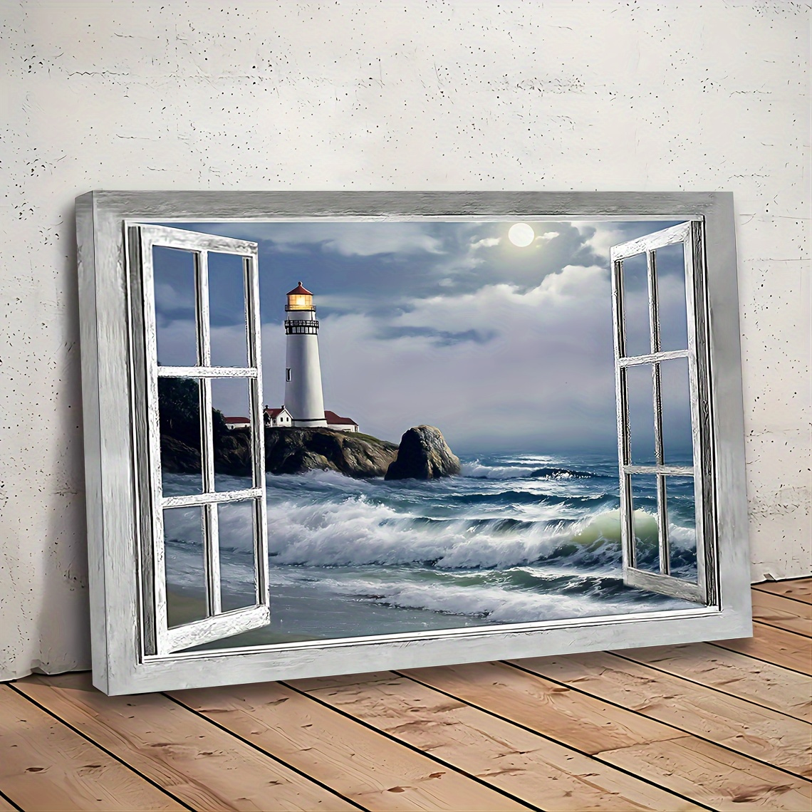 Room Decor 1pc Coastal Lighthouse and Beach Scene Canvas Wall Art, Nautical Style Wooden Framed Print, Versatile Home Decor for Living Room, Bedroom, Bathroom
