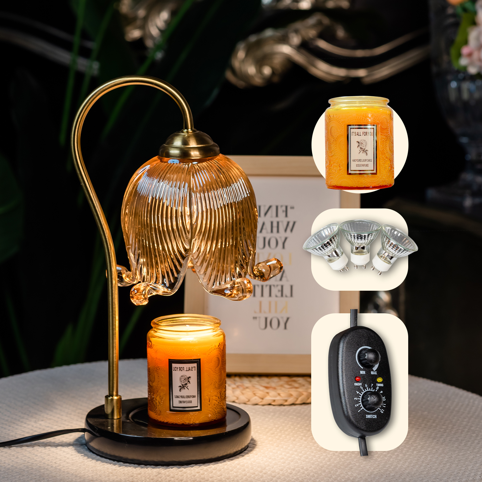 Tulip flower Candle Warmer Lamp,Electric Candle Lamp and Wax Warmer with 3-50W Bulb,2/8/10/12 Hour Timmer & Dimmer,Free Jar Candle,Ideal for Home Decor, Mother's Day Gift (Amber)