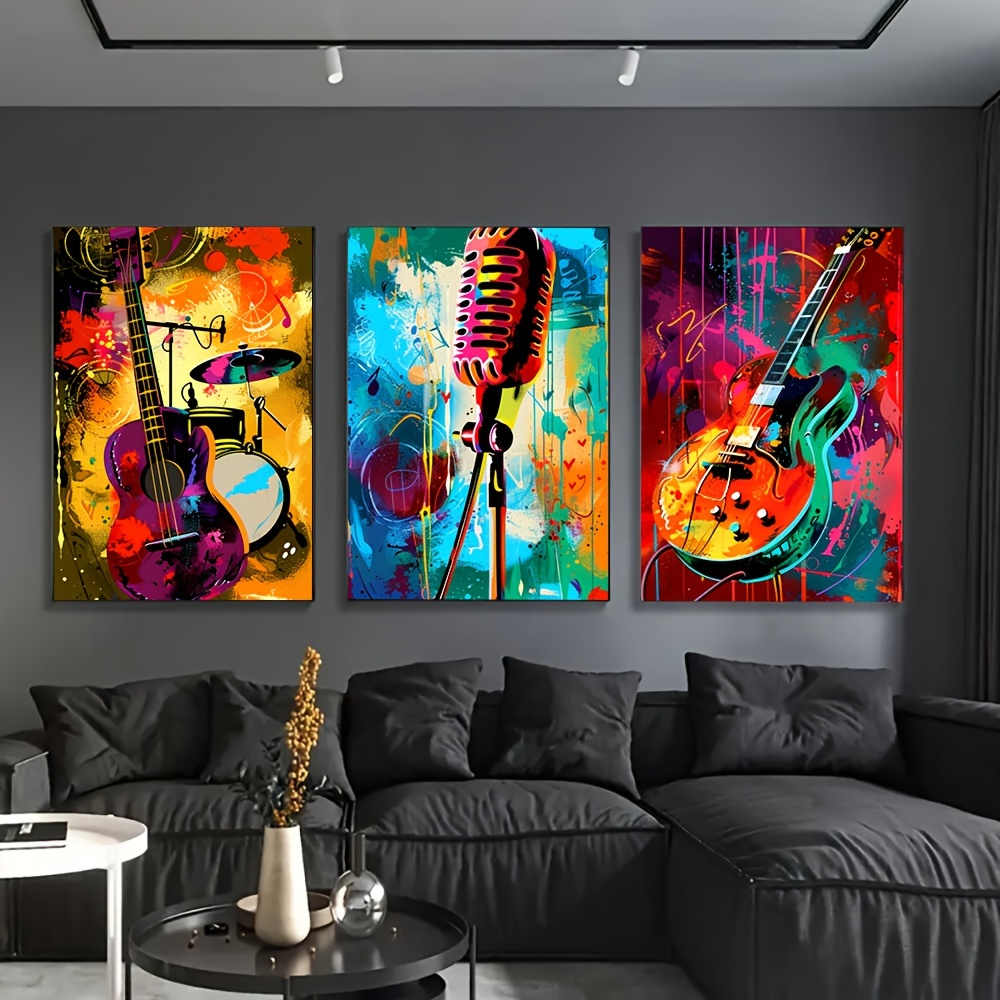 3pcs Music Lover's Canvas Art Set - Abstract Guitar, Drum & Microphone Posters | Vintage Wall Decor for Bedroom, Living Room, Hallway | High-Definition, Fade-Resistant Prints