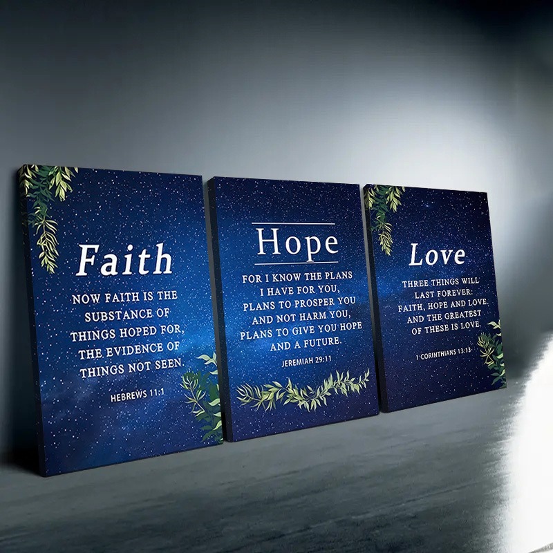Christian Room Decor - Set of 3 Bible Verses Canvas, Faith Hope Love Mural, Minimalist Oil Painting Print Artwork for Living Room & Bedroom