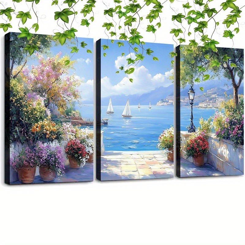 [3pcs Sailboat Canvas Wall Art] 3pcs Coastal Sailboat Canvas Wall Art Set, Framed Seaside Landscape with Flower Pots, Nautical Home Office Decor