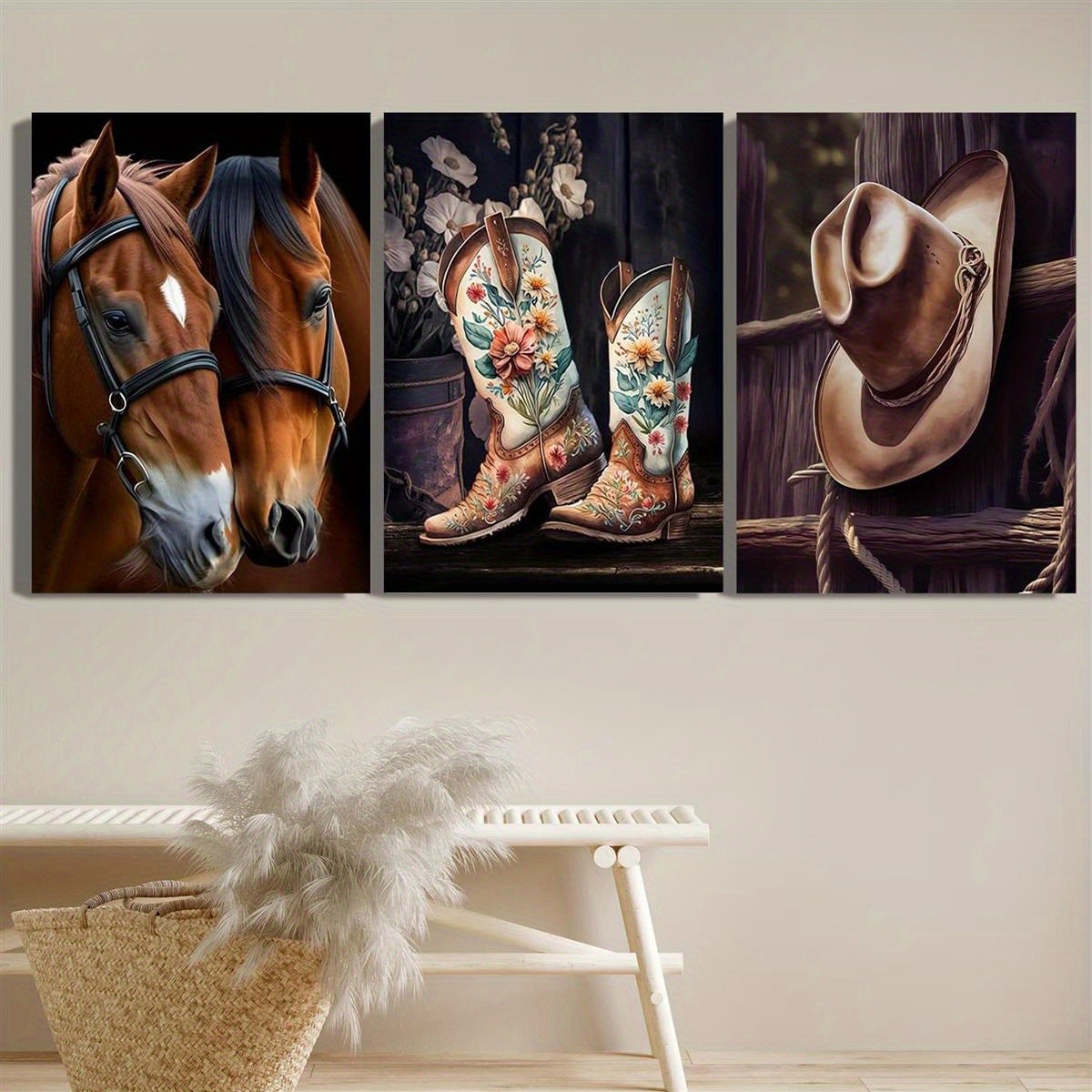 3pcs Wood Frame Canvas Print Decorative Painting, Western horse, cowboy boots and cowboy hat, western farm art, cowboy style, Indoor home wall decoration art