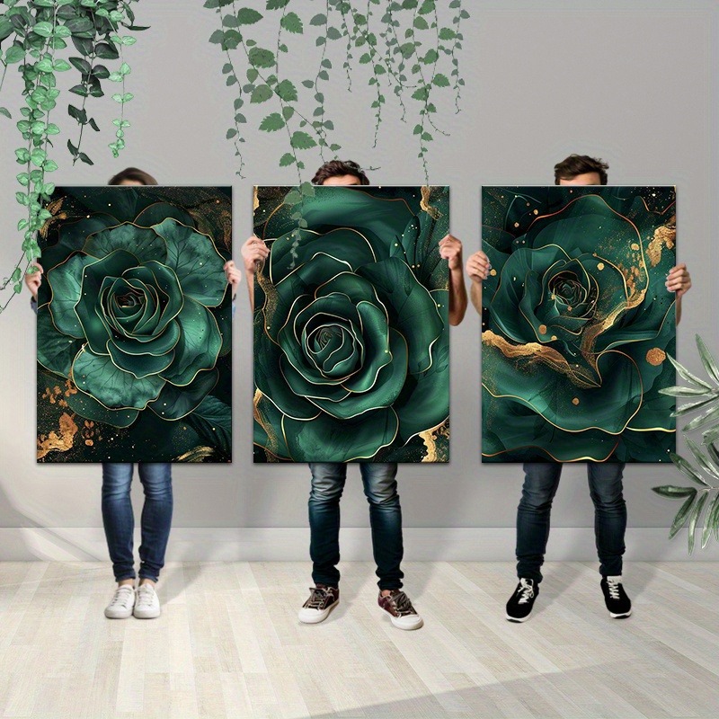 Framed Wrapped Canvas - 3 Pieces Emerald Green and Golden Rose Wall Art Print Poster - Ready to Hang - For Living Room, Bedroom Decor - Perfect Gift for Art Lovers
