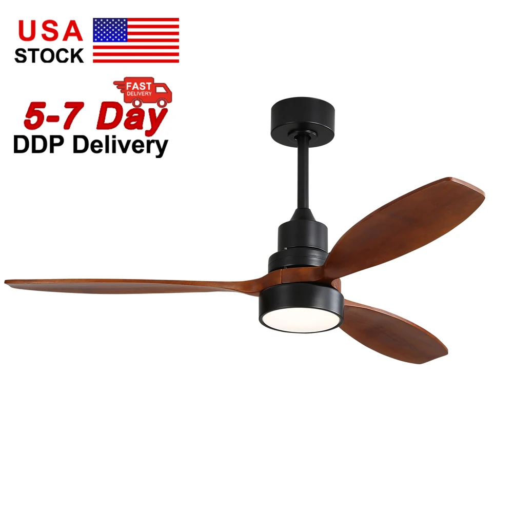 USA in Stock 52 Inch Solid Wood Low Profile Ceiling Fan With Lights and Remote Control