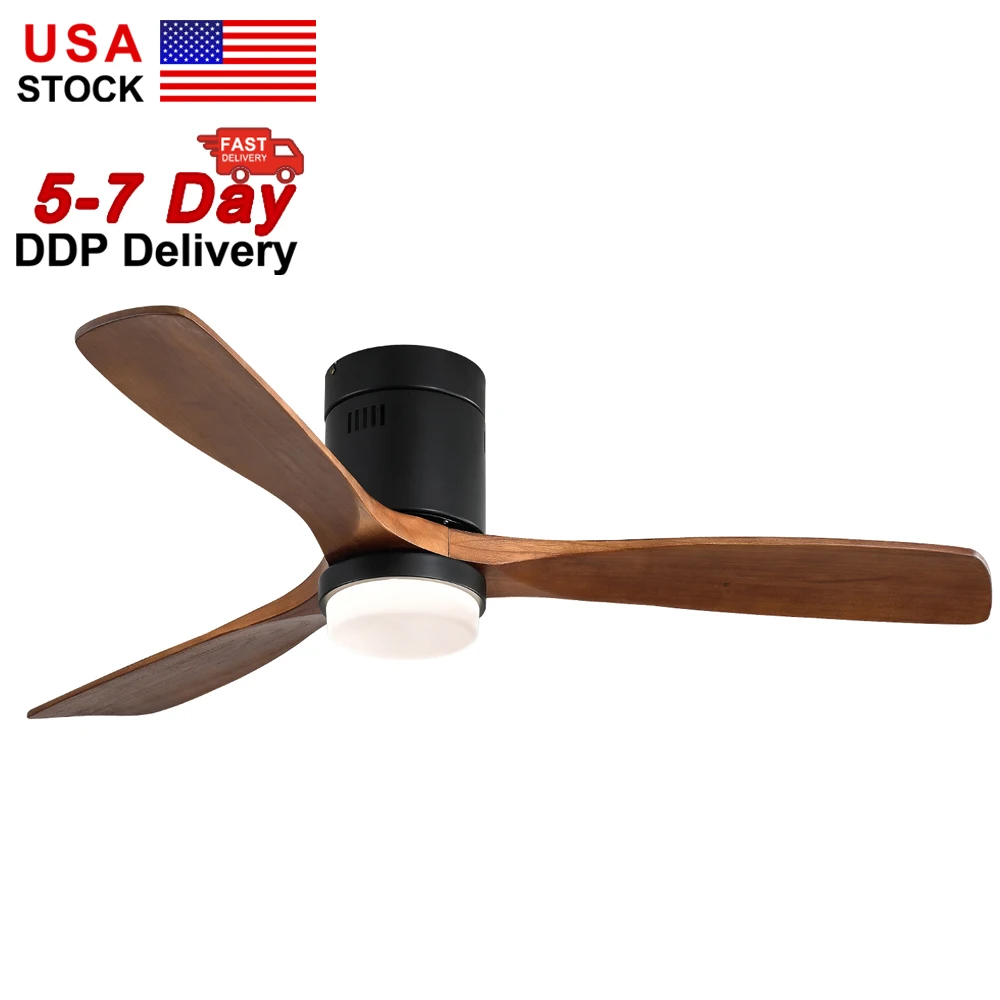 USA in Stock Flush Mount 52 Inch 3 Solid Wood Remote Control Led Ceiling Fan With Light