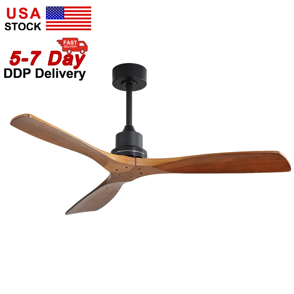 USA in Stock Outdoor 52 Inch Decorative Brown 3 Solid Wood Ceiling Fan Without Light for Living Room