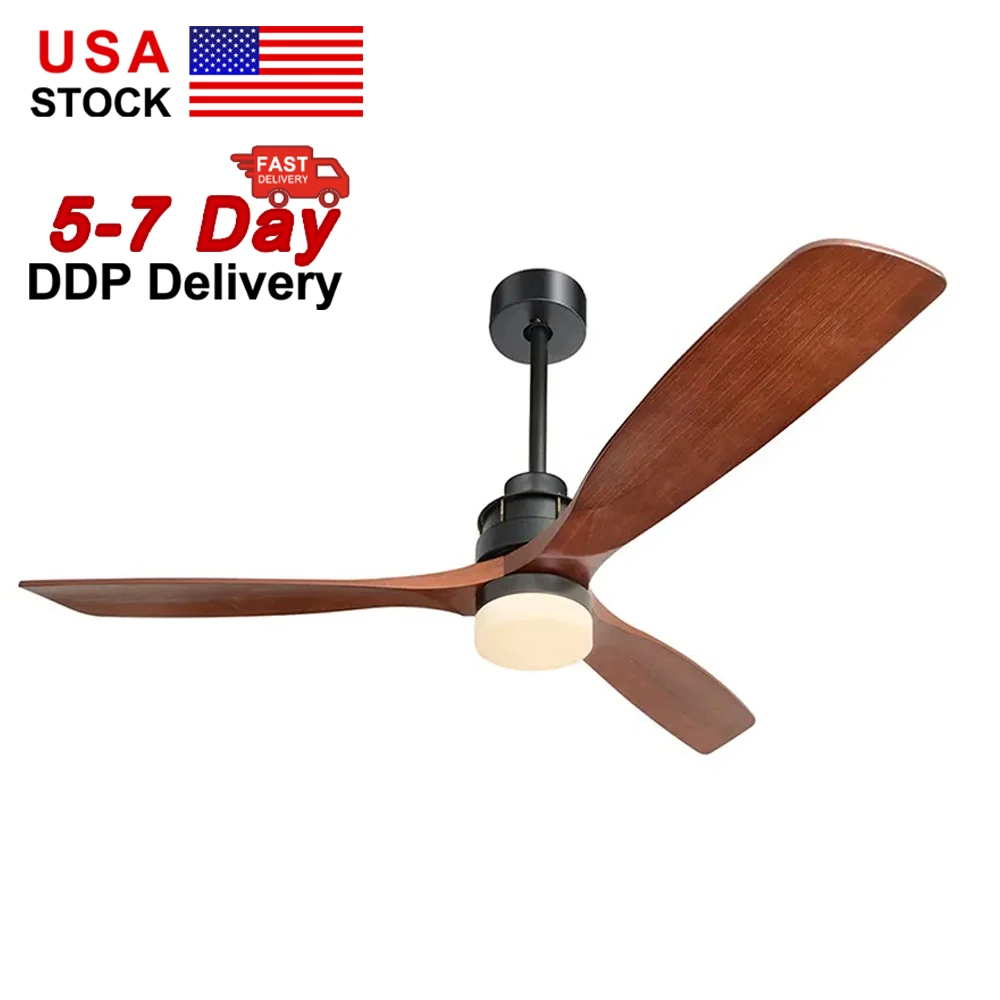 USA in Stock Indoor Outdoor 52 Inch 6 Speeds Led 3 Solid Wood Ceiling Fan With Remote Control