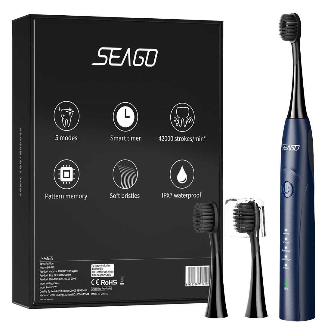 SEAGO Sonic  Rechargeable Electric Toothbrush for Adults with 5 Modes and 2 Mins Timer