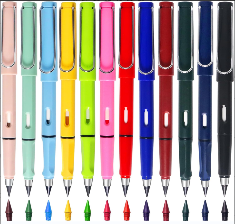12PCS PVC Eternal Colored Pencils – Durable Sharp Tip, No Sharpening Needed, Black Technology, Break-resistant, Office Stationery | Metal Clip Function | PVC Construction.