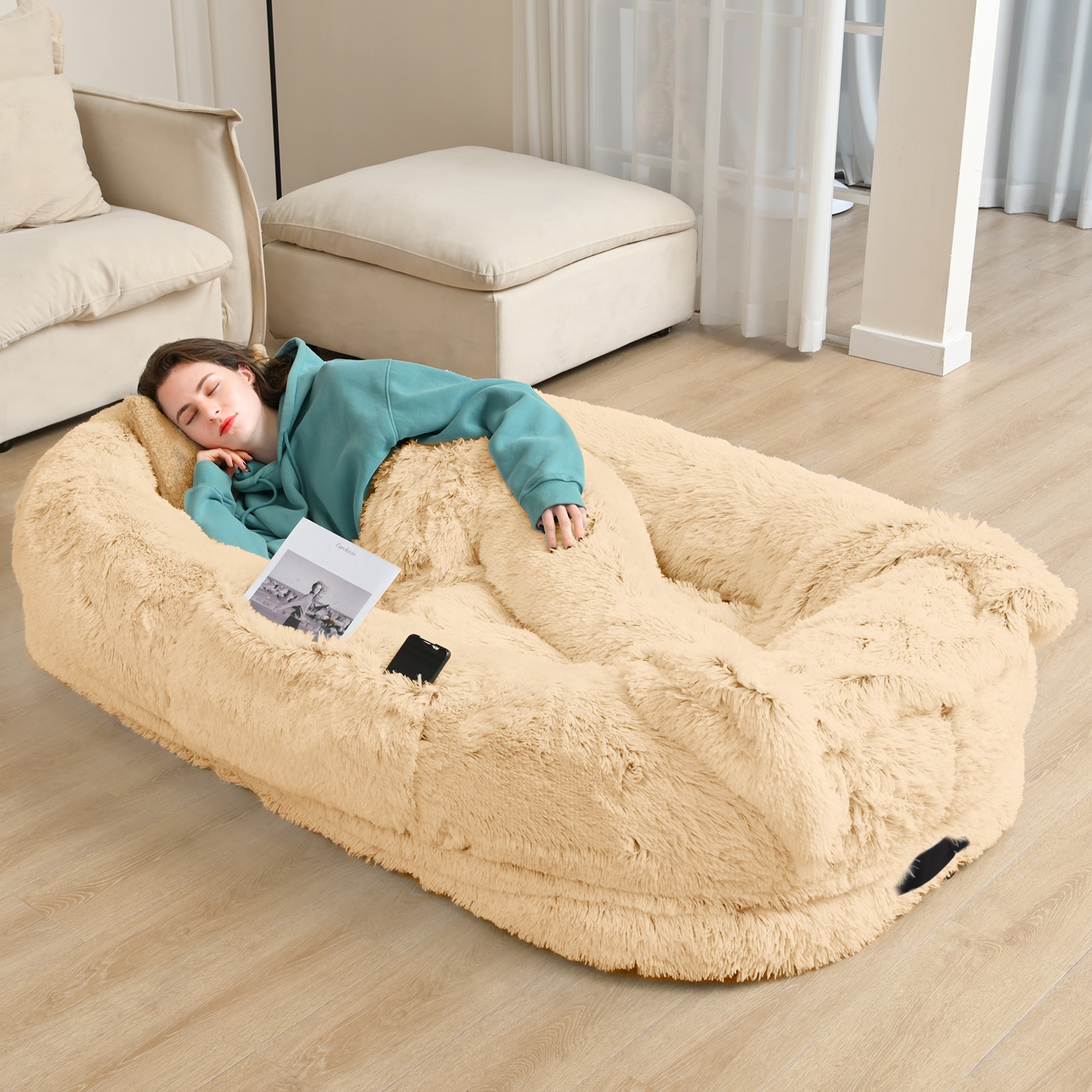 Human Dog Bed, 71''x45''x12'' Size Fits You and Pets, Washable Faux Fur Dog Bed for People Doze Off, Napping Orthopedic Dog Bed, Present Plump Pillow, Blanket, Strap - Beige