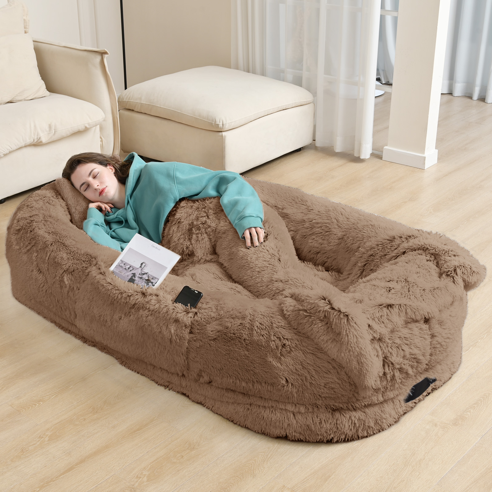 Human Dog Bed, 71''x45''x12'' Size Fits You and Pets, Washable Faux Fur Dog Bed for People Doze Off, Napping Orthopedic Dog Bed, Present Plump Pillow, Blanket, Strap - Khaki