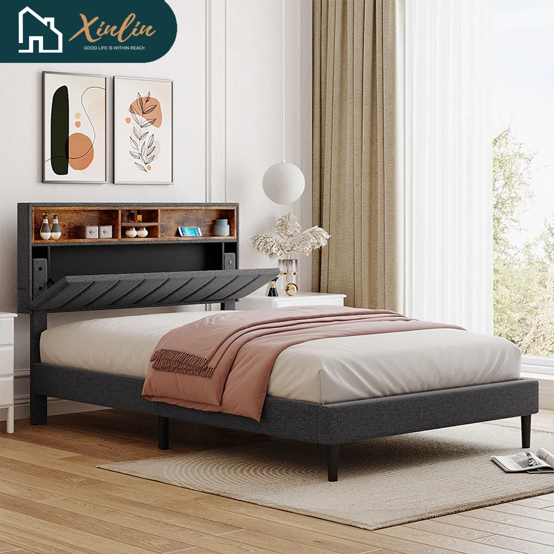 Free Shipping US Warehouse Linen Fabric Full-Size Murphy Bed with Storage Headboard Upholstered Platform Bed & USB Port