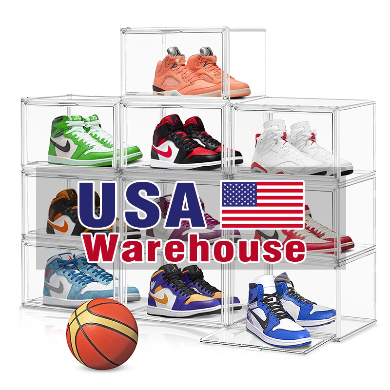 10pcs  US Overseas Transparent Acrylic Stackable Bag Display Case Sneaker Storage Box Side Magnetic Door Display Shoes Rack
