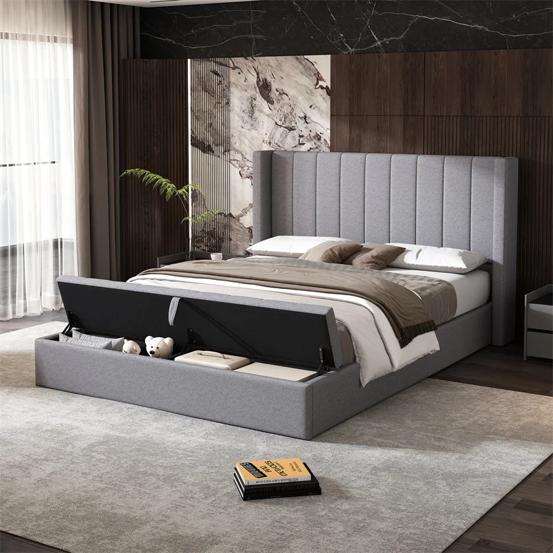 Modern Queen-Size Grey Upholstered Platform Bed with Storage Style Headboard in Bedroom Application