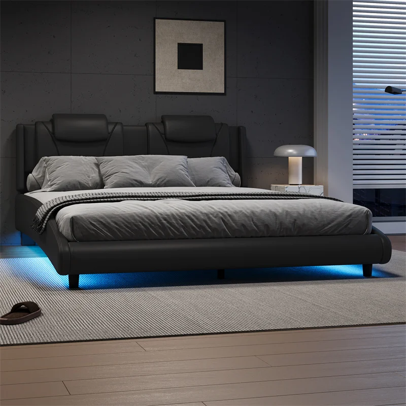 Modern Style LED Light Platform Bed Frame Faux Leather Upholstered with Adjustable Headboard No Box Spring Needed For Bedroom