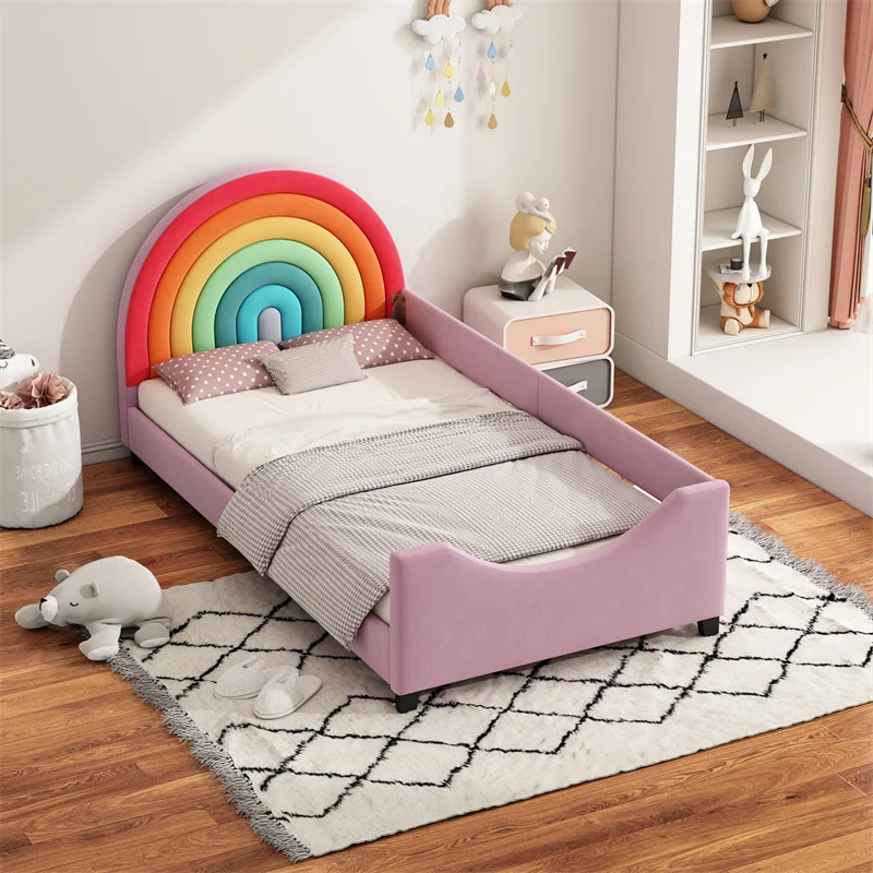 Modern Style Rainbow Upholstered Twin Daybed Low to the Ground Design Cute Princess Bed for Boys Girls Teens Colorful Pink