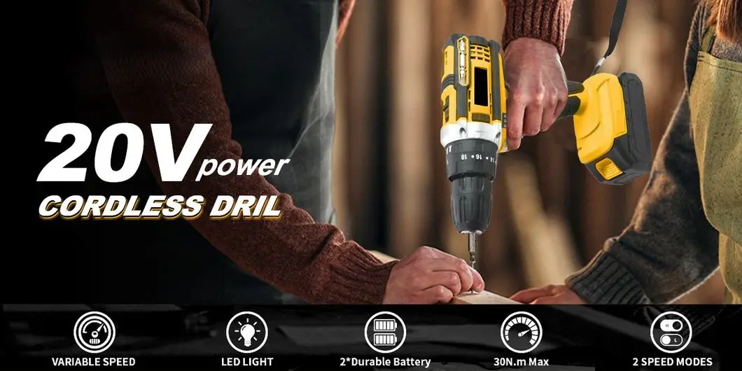 20V Cordless Impact Drill, Electric Tools Set, with Impact Function, Electric Screwdriver