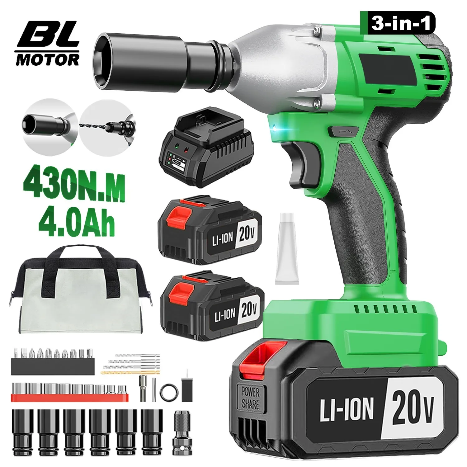 3 in 1 Electric Impact Wrench 20V 430nm Cordless Brushless Car Support Battery Power Local US Warehouse Drop Shipping Available
