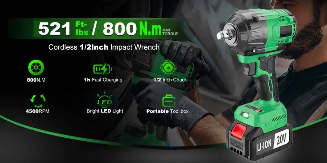 20V Cordless Impact Wrench, Max Torque 800nm, 3 in 1 Electric Wrench