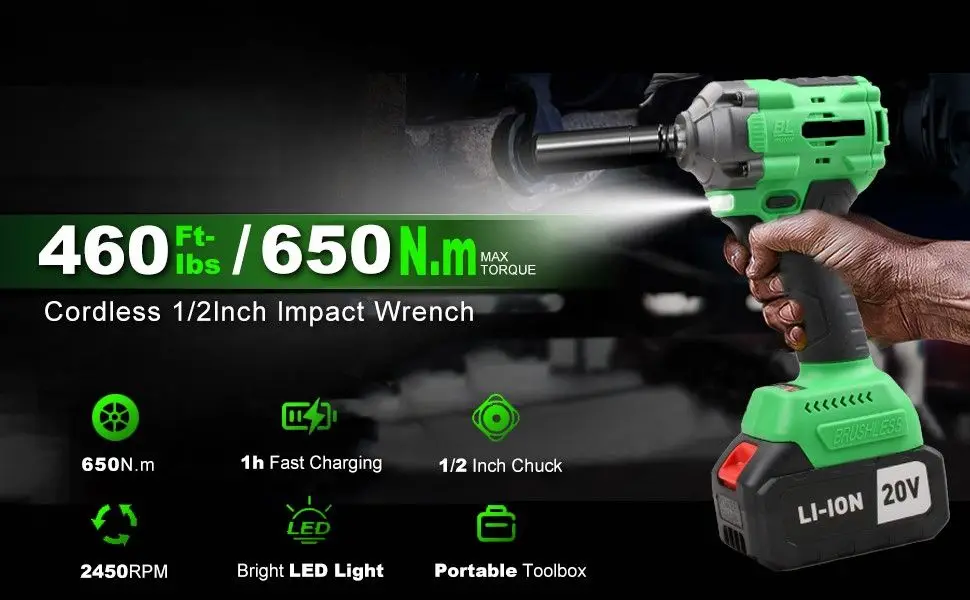 20V Cordless Impact Wrench, 2 in 1 Electric Wrench, Max Torque 650nm