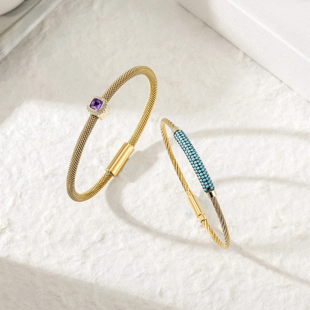 18k gold plated stainless steel mesh cable bracelet with zircons