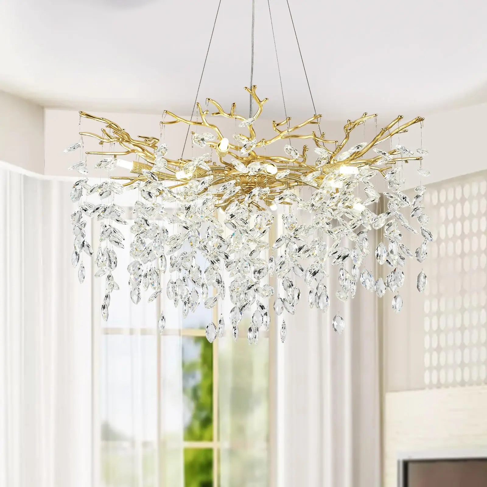 Modern Crystal Chandeliers Tree Branch Chandelier Round Raindrop Chandeliers for Dining Room, Living Room Bedroom Foyer Entryway