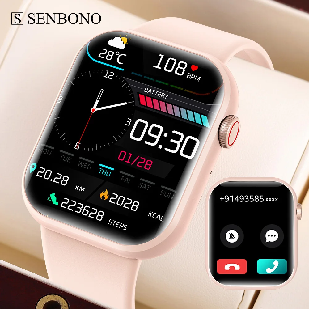 SENBONO Life3  Smart Watch Women square HD Screen 1.83'' Blue Tooth Call Blood Pressure Sport Smartwatch Men for IOS Android