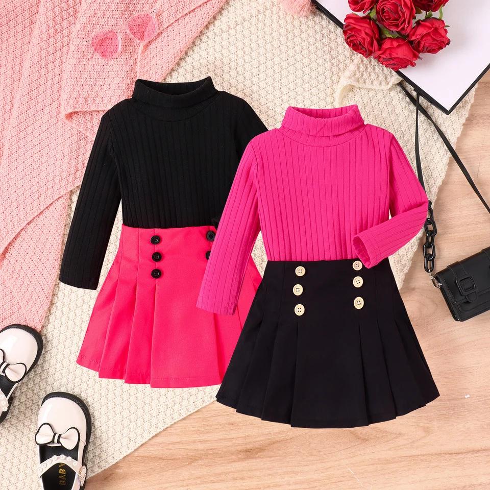 Autumn 1-4 Years Old Girl Casual 2PCS Set Woolen High-Neck Two-Color Wide Pit Strip Long-Sleeved Top + Pleated Skirt Suit for