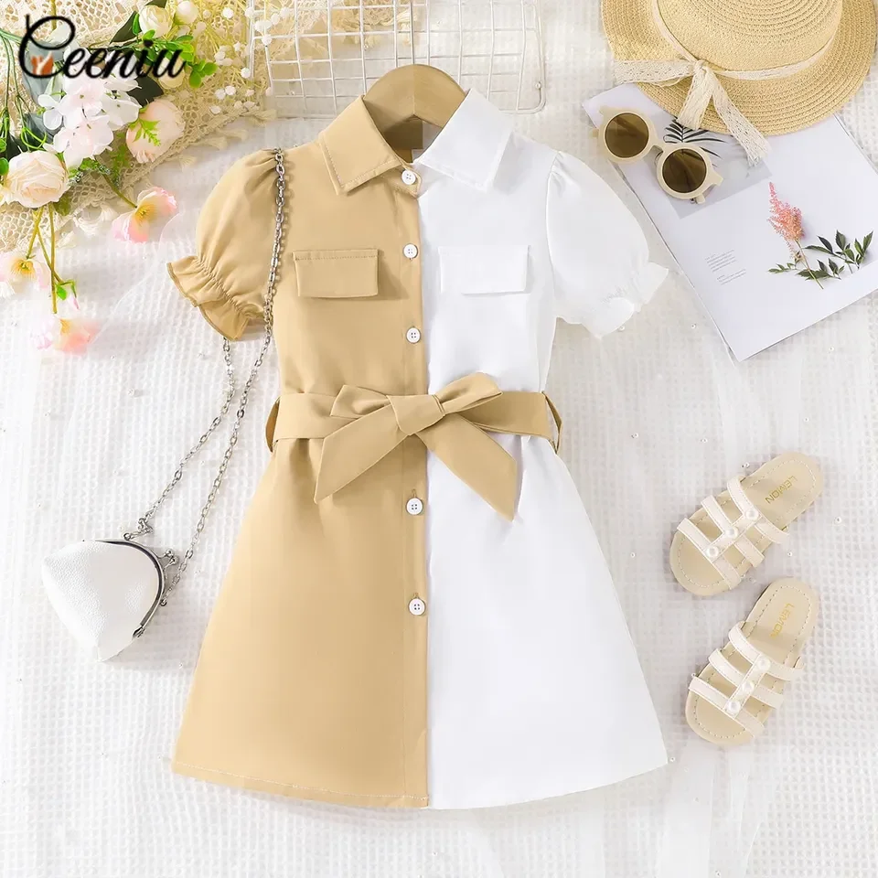 Ceeniu 2025 Summer Casual Girls' Clothing 4-8Y Kids Dresses with Patchwork Belt Worsted Fabric Shirt Dress for Girls